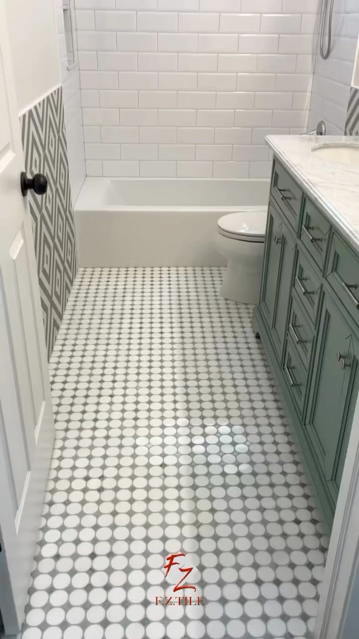 Penny round floor with sage vanity