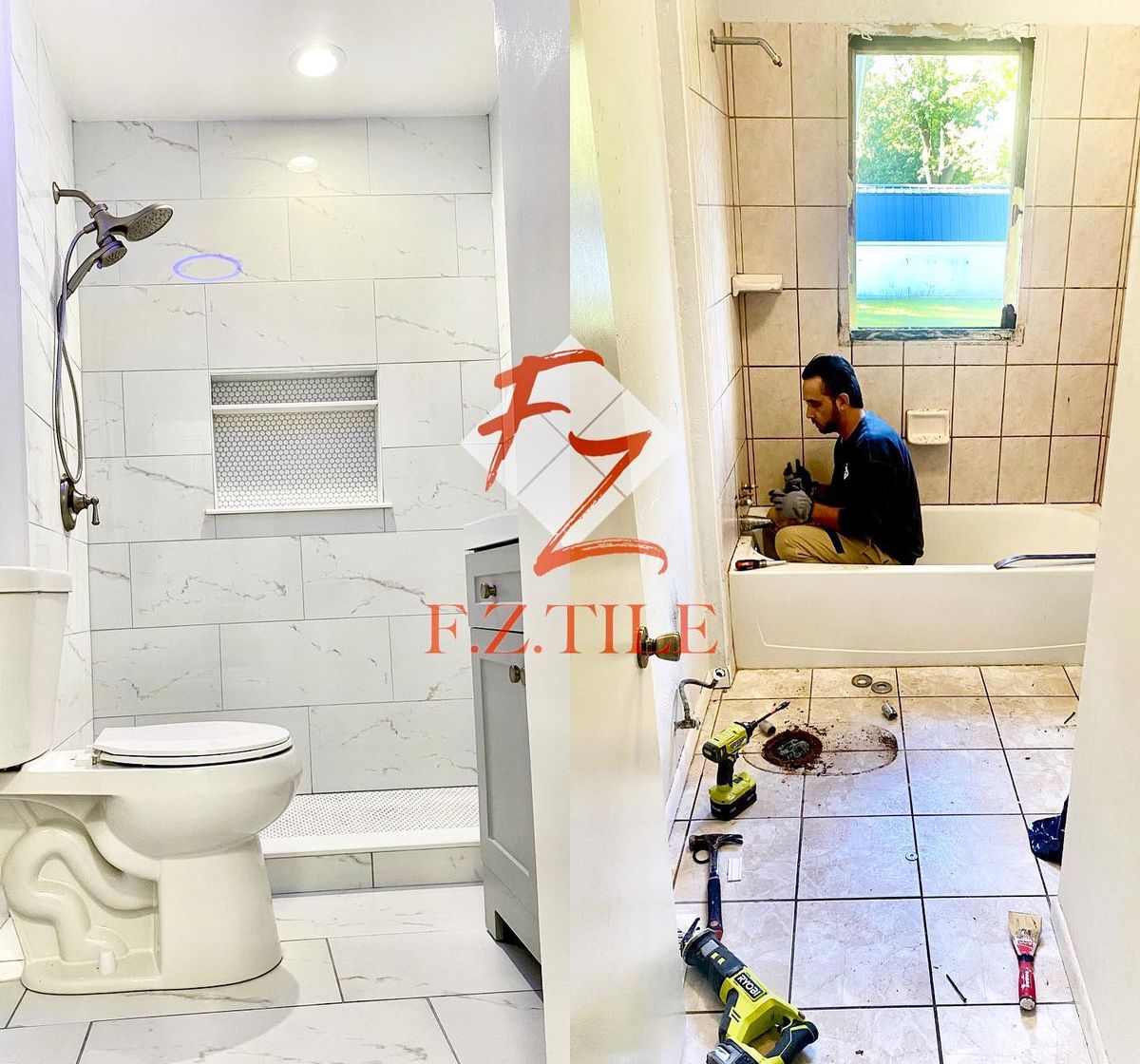 Tile installer at work on a bathroom remodel